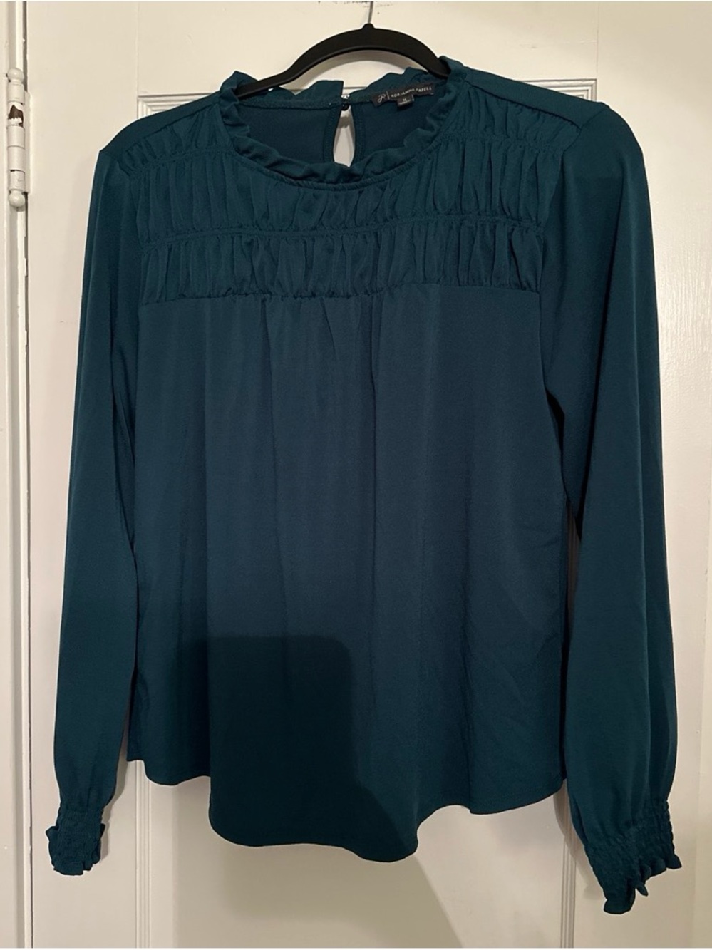 Adrianna Papell Teal Long-Sleeve Smocked Yoke Blouse